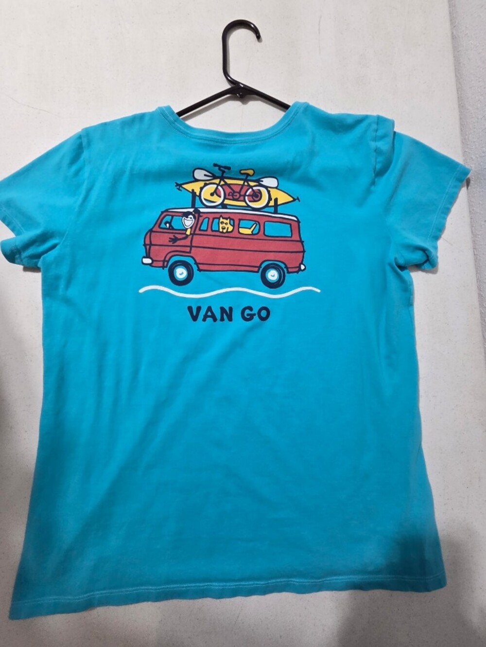 NEW Life Is Good Van GO Teal Crew Neck Tee, Womens Large Short Sleeve